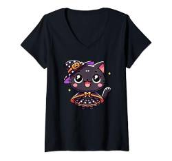 Damen Kawaii Anime Katze Hexe Halloween Kinder T-Shirt mit V-Ausschnitt von Kawaii Tees