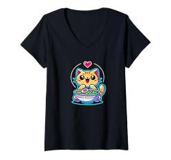 Damen Kawaii Anime Katze Ramen Kinder Damen T-Shirt mit V-Ausschnitt von Kawaii Tees