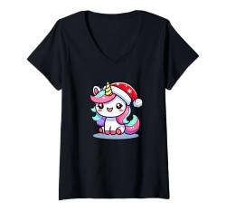 Damen Kawaii Weihnachten Einhorn Kinder Jungen Mädchen Damen T-Shirt mit V-Ausschnitt von Kawaii Tees