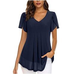 Elegante Chiffon-Blusen für Damen, lässig, V-Ausschnitt, Tunika, Tops, leicht, kurzärmelig, bequem, einfarbig, plissiert, atmungsaktiv, Pullover, Partykleidung, 041 x Marineblau, 46 von Keepink