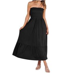 Keepink Strandkleider für Damen, Sommer, trägerlos, Schlauchkleid, Rüschen, gestuft, Maxikleid, gesmoktes Bandeau-Kleid, schulterfrei, Boho-Kleid, lässig, Schlauch-Tops, A-Linien-Kleid, 1 x Schwarz, von Keepink