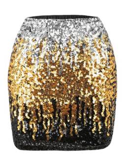 Kefiyis Glitzer Rock Damen Pailletten Rock Elastische Taille Pailettenrock mit Futter Karneval Party Rave Rock Silber/Gold/Schwarz L von Kefiyis