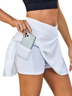 Kefiyis Tennisrock Damen Hohe Taille Sportrock mit Hose Plissiert Golfrock Hosenrock mit Taschen Sommer Outdoor Workout Laufen Radfahren Skirt Weiß L von Kefiyis