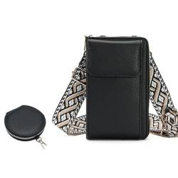 Kexpery Modische Damen Umhängetasche mit klassischem breitem Riemen für Handy mit einfachem Reißverschluss für Handy mit passender Tasche, Schwarz von Kexpery