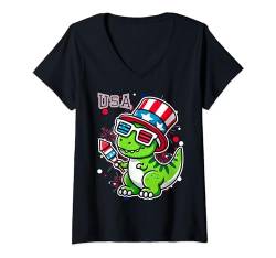 Damen Merica Monster T-Rex USA Kleinkind Jungen Amerikanische Flagge 4. Juli T-Shirt mit V-Ausschnitt von Kids 4th Of July Shirts For Boys Toddler July 4th