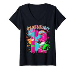 Damen T-Shirt zum 12. Geburtstag für Mädchen und Jungen, Farbspritzer zum 12. Geburtstag T-Shirt mit V-Ausschnitt von Kids Birthday Party, Awesome Birthday Party Wear