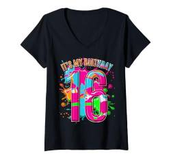 Damen T-Shirt zum 16. Geburtstag für Mädchen Jungen 16 Jahre Farbspritzer T-Shirt mit V-Ausschnitt von Kids Birthday Party, Awesome Birthday Party Wear