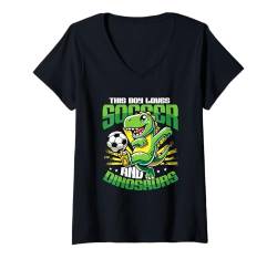 Damen Dieser Junge liebt Fußball und Dinosaurier, die Fußball spielen T-Shirt mit V-Ausschnitt von Kids Soccer Dinosaurs Designs for Boys