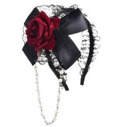 Maid Stirnband Für Mädchen Lolitas Rose Flower Lace Stirnband Mit Schwarzer Schleife ComicShow Masquerade Haarband Lolitas Haarschmuck Kopfbedeckung Gothic Stirnband von KieTeiiK