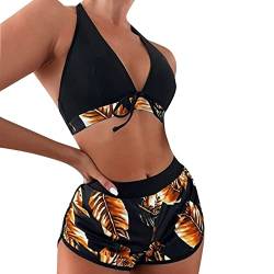 3-Teilig, Damen Bikini Set Badeanzug Neckholder Asymmetrisches Sexy BH Damen Bademode Strandbikini Bikinihose Bikinioberteil Vorne Kreuz mit Shorts Hosen Kurz Kurze Sportshorts, Cooles (Gold #2, S) von Kielsjajd