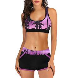 Bikini Damen Sport Push Up Oberteil Polster Badeanzug Zweiteiler Frauen Shorts Bikini Set Pads Strand Schwimmen Bademode 2 Teilig Damen Tankini Set zweiteilig Bauchweg mit Hot Pants (Purple-2, XL) von Kielsjajd