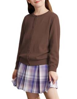 Kiench Mädchen Strickjacke Basic Baumwolle Kinder Rundhals Langarm Cardigan mit Knöpfen Schocoladenbraun EU Größe 158/13-14 Jahre Etikett L von Kiench