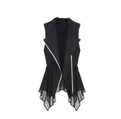 Kiioouu Asymmetrische Sommer-Chiffon-Weste für Damen, Weste, Mantel, ärmellose Jacke, lange Weste mit Reißverschluss, Schwarz , 42 von Kiioouu