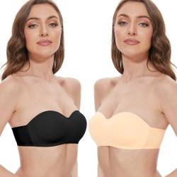 2 Paar Damen Trägerloser BH Ohne Bügel, Nahtlos Trägerlos Bandeau BHS, Weicher Bralette Push Up BH Gepolstert, Nahtlose Tube Top BH mit Umwandelbare Trägern von Kiiwah