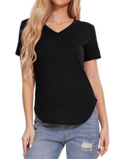 Kiiwah Basic Kurzarm Shirt mit V-Ausschnitt Damen, Casual Lockere T-Shirts für Damen, Sommer Kurzarm Bluse mit Geschwungener Schlitzsaum, Solide Oberteile Damen Top Sommer von Kiiwah