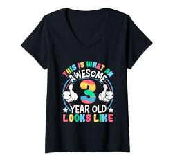 Damen Daumen Hoch Toller 3 Jahre Alter Bunter Regenbogen 3. T-Shirt mit V-Ausschnitt von Kinder Geburtstag Geschenk Junge Sohn Mädchen