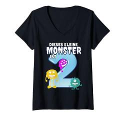 Damen Dieses kleine Monster ist 2 - Ich bin Zwei Kindergeburtstag T-Shirt mit V-Ausschnitt von Kinder Geburtstag Geschenk Junge Sohn Mädchen