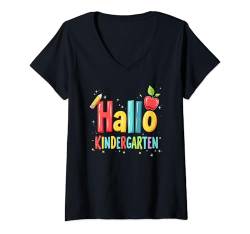 Damen Hallo Kindergarten Kindergartenkind Junge Mädchen Erzieherin T-Shirt mit V-Ausschnitt von Kindergartestart Geschenk Erzieher für Kindi