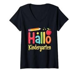 Damen Hallo Kindergarten Kindergartenkind Mädchen Junge Erzieherin T-Shirt mit V-Ausschnitt von Kindergartestart Geschenk Erzieher für Kindi