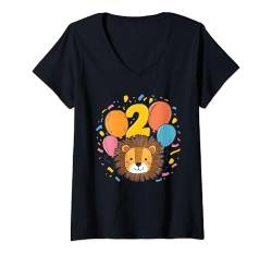 Damen 2. Geburtstag Kindergeburtstag Zweiter Geburtstag Löwe T-Shirt mit V-Ausschnitt von Kindergeburtstag Geburtstagsshirt Dschungel