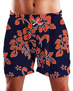 King Kameha Funky Hawaii Schwimm-Hose Bade-Hose Bade-Shorts, Hibiscus, Navyblau Orange, XXL von King Kameha