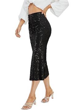 Kisidoo Damen Pailletten Rock Sparkle Stretchy Bodycon Midi Meerjungfrau Rock Formale Röcke Night Out Party Silber, Schwarz, X-Groß von Kisidoo