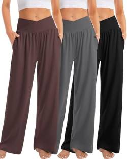 Kivdol 3er-Pack Damen-Yogahosen mit weitem Bein, Crossover, hohe Taille, lässige Lounge-Jogginghose mit Taschen, Schwarz/Grau/Kaffee, X-Large Mehr von Kivdol