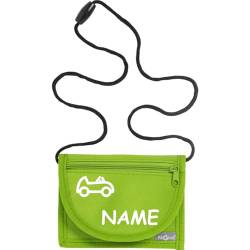 Kiwistar - Brustbeutel hellgruen - Auto - 13 x 10 cm Geldbeutel zum umhängen - Geldbörse für Jungen & Mädchen mit Namen individuell personalisiert von Kiwistar