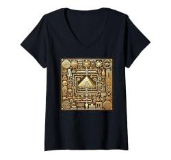 Damen Egypt Pyramide Symbole Sonne Wasser Brot Haus T-Shirt mit V-Ausschnitt von Klassisch Kunst Retro Top Design Farbe Ägypten Vin