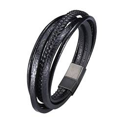 KnSam Männer - Leder Armbänder für Herren, Armreif Leder Herren Mehrschichtig Herren Armband Edelstahl Armschmuck Schwarz mit Magnet Verschluss, Länge 18.5CM von KnSam