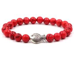 KnSam Naturstein Armband mit Fisch Anhänger für Pärchen | Stretch Armreif mit 8mm Natürlicher Stein | Paar Geschenk für Frauen und Männer | 19CM von KnSam