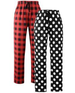 Knuffnee Schlafanzughosen für Damen Lang Karierte Pyjamahose Stretch Freizeithose Weich Schlafhose mit Taschen 2 pack Rot Kariert/Dots XL von Knuffnee