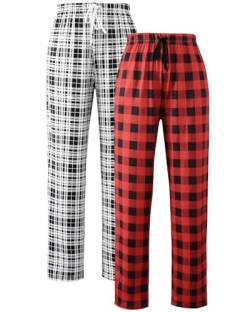 Knuffnee Schlafanzughosen für Damen Lang Karierte Pyjamahose Stretch Freizeithose Weich Schlafhose mit Taschen 2 pack Schwarzer Kariert/Rot Kariert M von Knuffnee