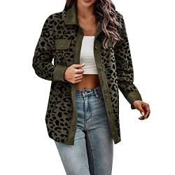 Kobilee Sale Angebote - Leo Jacke Damen Patchwork Leopard Cord Jacke Leoparden Jacket mit Leopardenmuster Hemdjacke Lang Warme Sweatjacke ohne Kapuze Herbstjacke Elegante Damenjacke Army Green XL von Kobilee