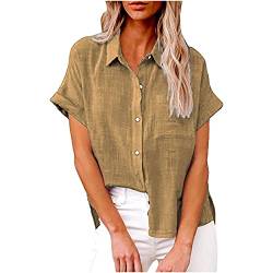 Bluse Damen Baumwolle Leinenbluse Einfarbig Blusenshirt Revers Shirts Kurzarm Tshirt Knöpfe Longbluse Einreihiges Hemd Sommer Tops V-Ausschnitt Hemdbluse Lose Oberteile Übergroße Langarm Damenblusen von Komiseup