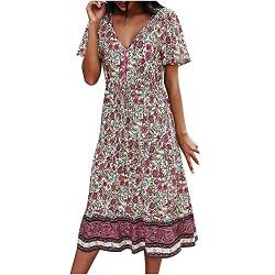 Komiseup Sommerkleider Damen, Kleider Damen Sommer, Kleid Damen Elegant, Damen Lässiger Blumendruck Midi Kurzärmliges Kleid mit V-Ausschnitt Langes Kleid Boho Kleid Strandkleider Freizeitkleid von Komiseup