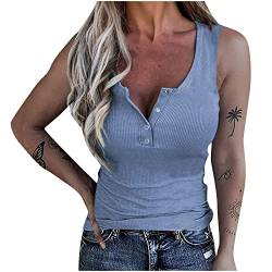 Komiseup Tank Top Damen Lässiges Rippe Knopf V-Ausschnitt Sommer Tops Ärmelloses T-Shirt Elegante Frauen Einfarbig Tanktops Slim Fit Shirt Unterhemd von Komiseup