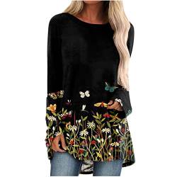 Longshirt Damen Langarm Herbst Casual Locker Shirt Rundhals T-Shirt Vintage Lange Tops Blumen Schmetterling Druck Langarmshirt Atmungsaktiv Basic Longbluse Damen Elegant Pullover Sweatshirt Oberteile von Komiseup