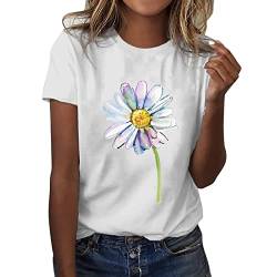 Tshirt Damen, Tshirt Damen Weiss mit Aufdruck Lässige Rundhals Tshirt Damen Elegant Kurzarm Tshirt Damen Sommer Baumwolle Basic T Shirt Teenager-Mädchen Bunt Muster Tunika Top Blumen T-Shirt von Komiseup