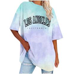 Tshirt Damen Oversized Rundhals Kurzarm T-Shirts Farbverlauf Tie-Dye Oberteile Sommer Lose Tops Shirt Frauen Los Angeles Briefdruck Sweatshirt Lässig Locker Bluse Teenager-Mädchen Y2K Streetwear von Komiseup