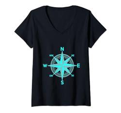 Damen Kompass Richtung maritim Seefahrt Reise Abenteuer Windrose T-Shirt mit V-Ausschnitt von Kompass Richtung Windrose