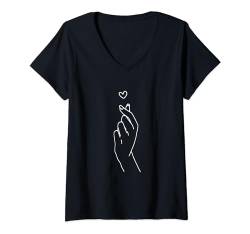 Damen Koreanischer Fanartikel mit Fingerherzen, Kpop-Liebe, K-Pop-Artikel, Kdrama T-Shirt mit V-Ausschnitt von Kpop Gifts Co.