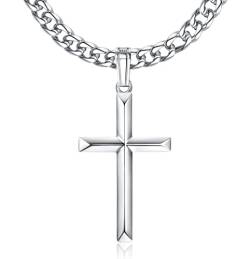 Krfy Kreuz Anhänger 925 Sterling Silber mit Diamant Geschliffener Panzerkette Edelstahl Miami Halskette 18K Weißgold Hochglanzpoliert Abgeschrägte Kante Kreuzanhänger Halskette Herren Damen 46–76 cm von Krfy