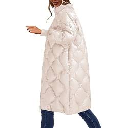 Kswlwccpp Langer Mantel Damen, Gesteppt Leicht Atmungsaktiv Wintermantel Daunenmantel Winter Beige Elegant Langer Mantel Winterjacke Lang Glänzend Gefüttert Warm Puffer Mantel Steppmantel von Kswlwccpp