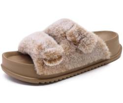 KuaiLu Hausschuhe Damen Orthopädische, Plüsch Warme Slides Sandalen für Frauen mit Weiche Fussbett Kuschelige Arch Support Flauschige Pantoffeln Offener Zeh Sommer Winter Gr. 42 Beige von KuaiLu