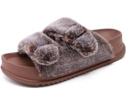 KuaiLu Hausschuhe Damen Orthopädische, Plüsch Warme Slides Sandalen für Frauen mit Weiche Fussbett Kuschelige Arch Support Flauschige Pantoffeln Offener Zeh Sommer Winter Gr. 43 Braun von KuaiLu