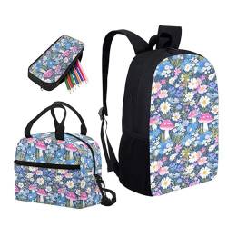 Kuiaobaty Forest Dog Kinder-Rucksack, Blumenmuster, Kuh, Eule, 3er-Set, ästhetisches Tier, 43,2 cm, Büchertaschen-Set, Lunchbox, Federmäppchen, Blumenfeld von Kuiaobaty