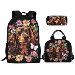 Kuiaobaty Niedlicher Rucksack mit Blumenmotiv für Mädchen, Grundschultasche, Rucksack, Lunchbox mit Griff, Federmäppchen, Englischer Cocker Spaniel von Kuiaobaty