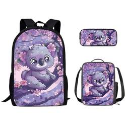 Kuiaobaty Niedlicher Tier-Rucksack für Mädchen, Büchertaschen-Set mit Lunch-Tasche, Federmäppchen, Schmetterlings-Rucksack, leichter Tagesrucksack, Cartoon-Baum-Koala von Kuiaobaty