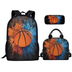 Kuiaobaty Schulranzen-Set mit Ballspiel-Druck, für Jungen und Mädchen, 3-in-1-Rucksack mit Lunchtasche, großes Fassungsvermögen, Büchertasche für Kinder, Lebendiger Basketball von Kuiaobaty